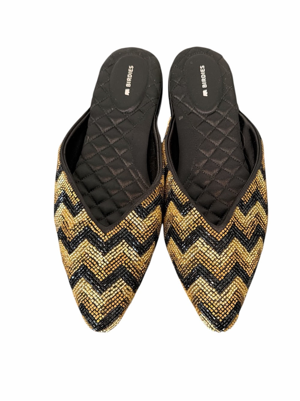Birdies The Swan Beaded Art Deco chevron‎ mule 10 gold black flats event party
